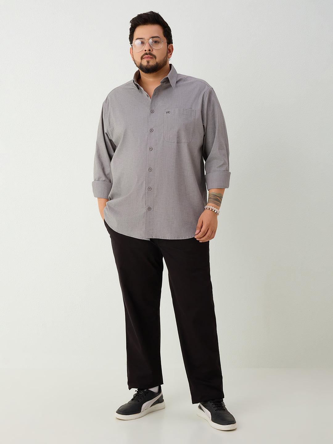 Plus Size Cotton 1 Pocket Regular Fit Smart Casual Shirt - Grey