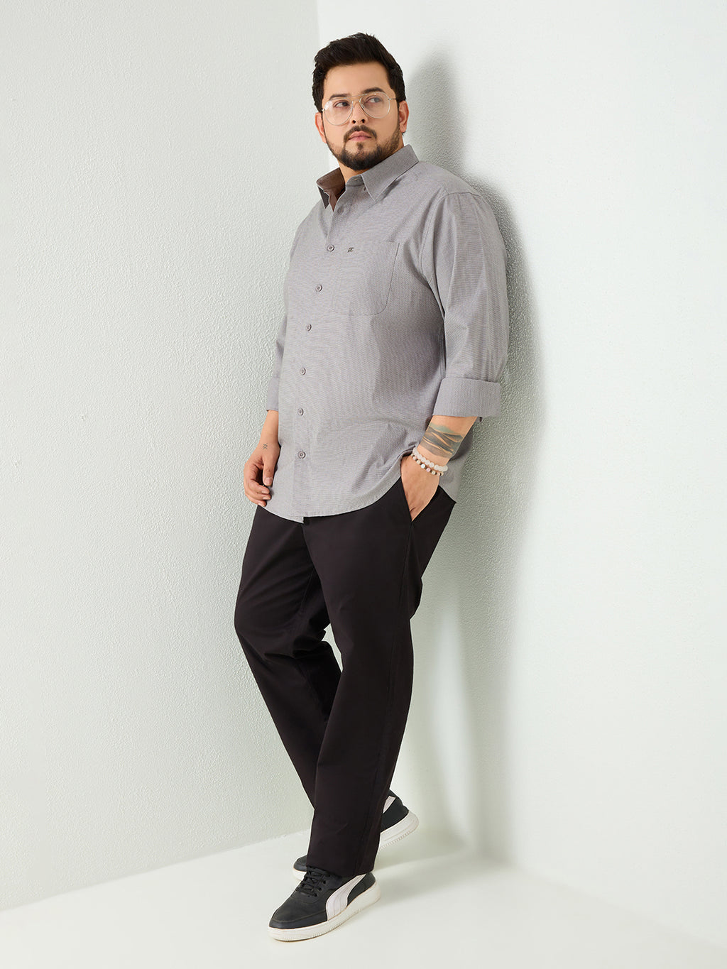 Plus Size Cotton 1 Pocket Regular Fit Smart Casual Shirt - Grey