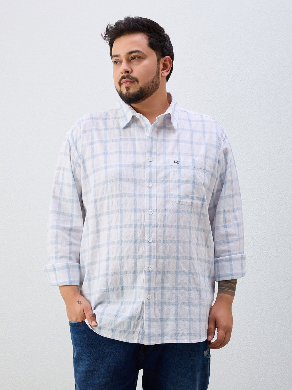 Plus Size Cotton Check 1 Pocket Regular Fit Smart Casual Shirt - White