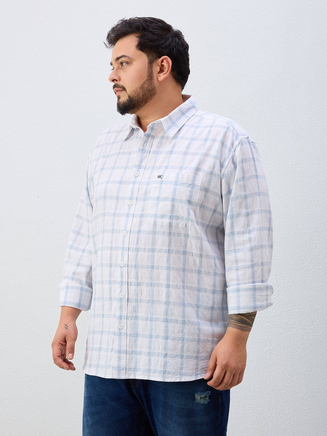 Plus Size Cotton Check 1 Pocket Regular Fit Smart Casual Shirt - White