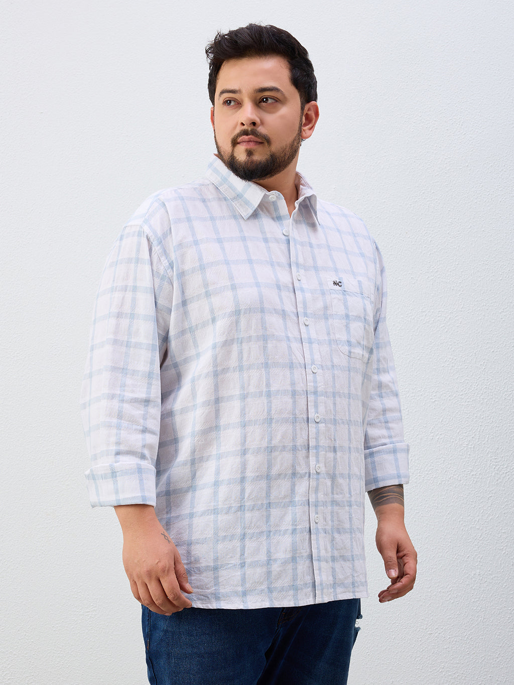 Plus Size Cotton Check 1 Pocket Regular Fit Smart Casual Shirt - White