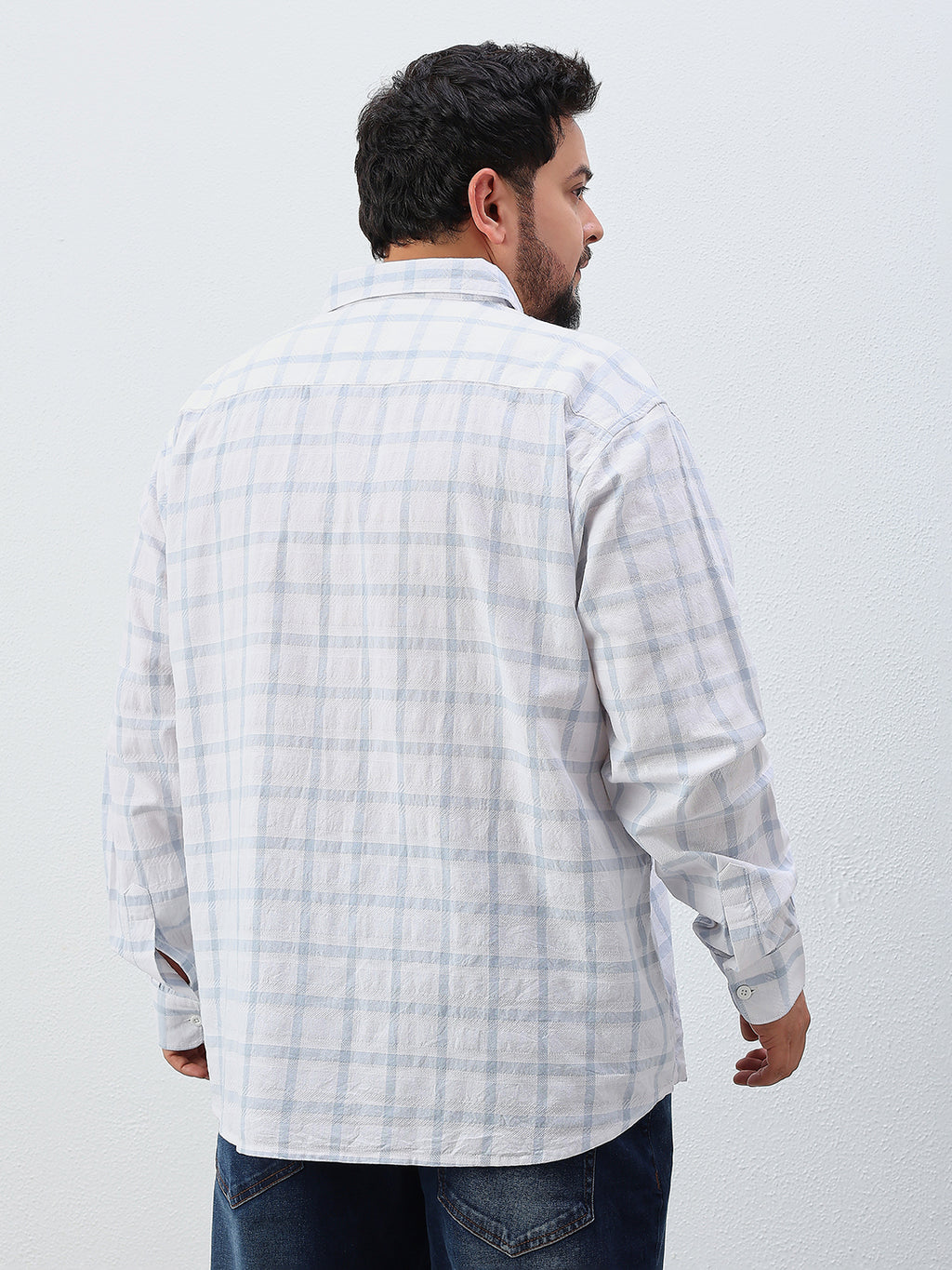 Plus Size Cotton Check 1 Pocket Regular Fit Smart Casual Shirt - White