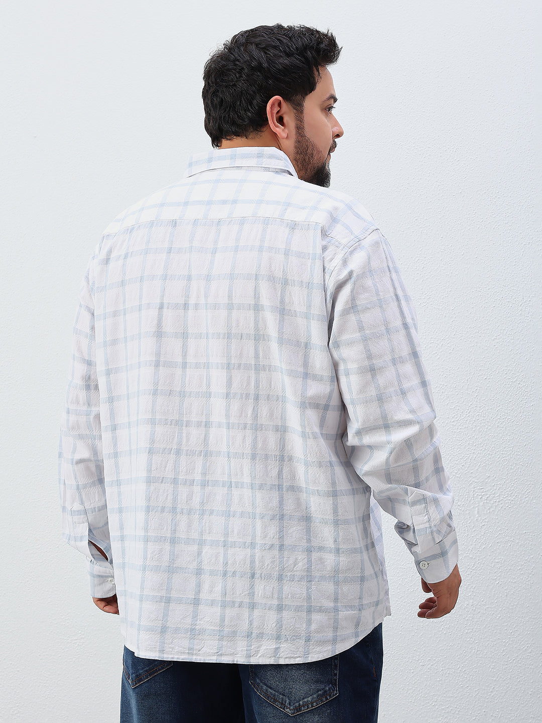 Plus Size Cotton Check 1 Pocket Regular Fit Smart Casual Shirt - White