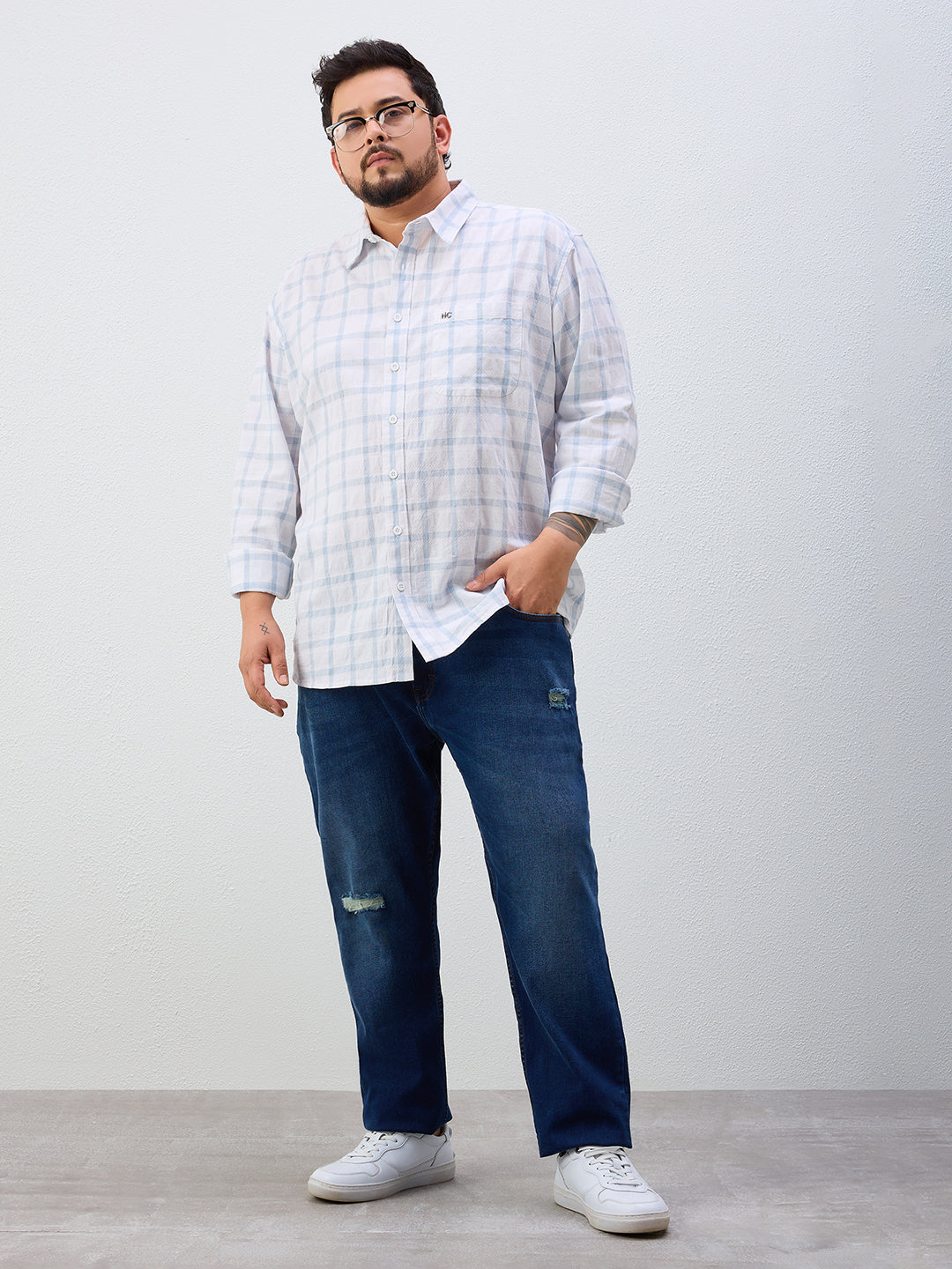 Plus Size Cotton Check 1 Pocket Regular Fit Smart Casual Shirt - White