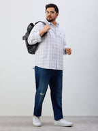 Plus Size Cotton Check 1 Pocket Regular Fit Smart Casual Shirt - White
