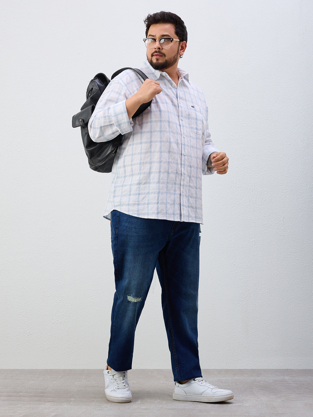 Plus Size Cotton Check 1 Pocket Regular Fit Smart Casual Shirt - White