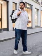 Plus Size Cotton Check 1 Pocket Regular Fit Smart Casual Shirt - White