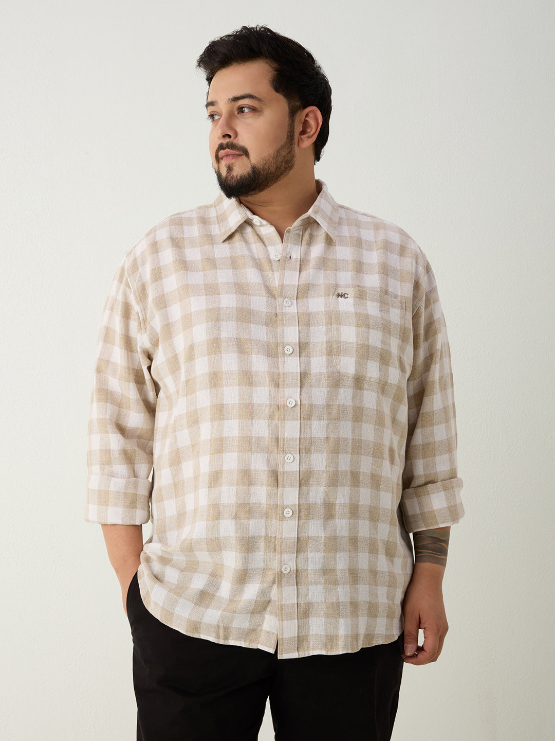 Plus Size Cotton Check 1 Pocket Regular Fit Smart Casual Shirt - Olive