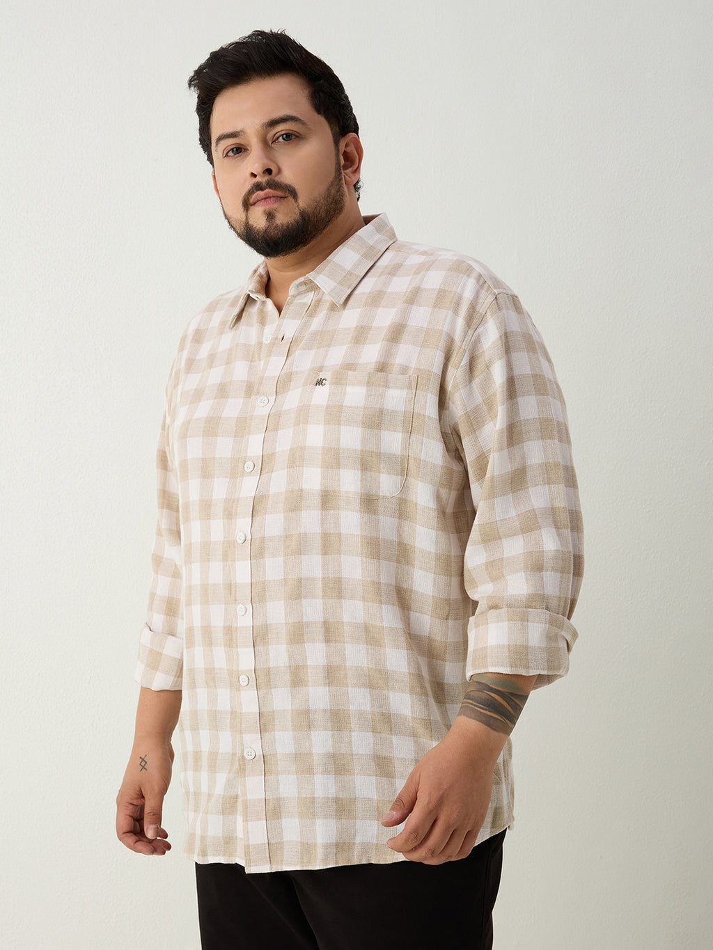 Plus Size Cotton Check 1 Pocket Regular Fit Smart Casual Shirt - Olive