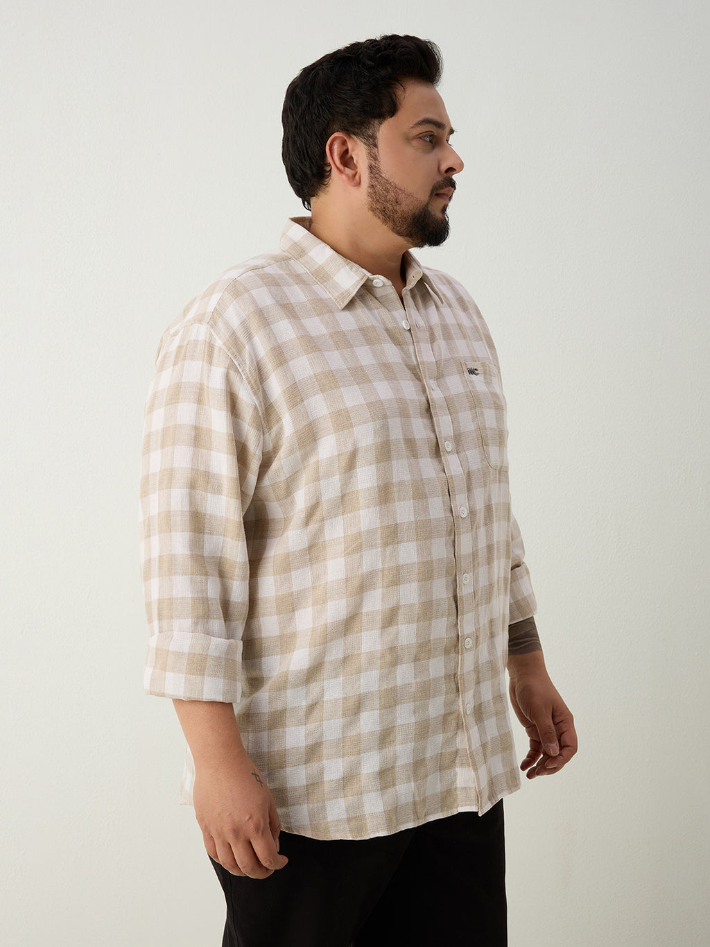 Plus Size Cotton Check 1 Pocket Regular Fit Smart Casual Shirt - Olive