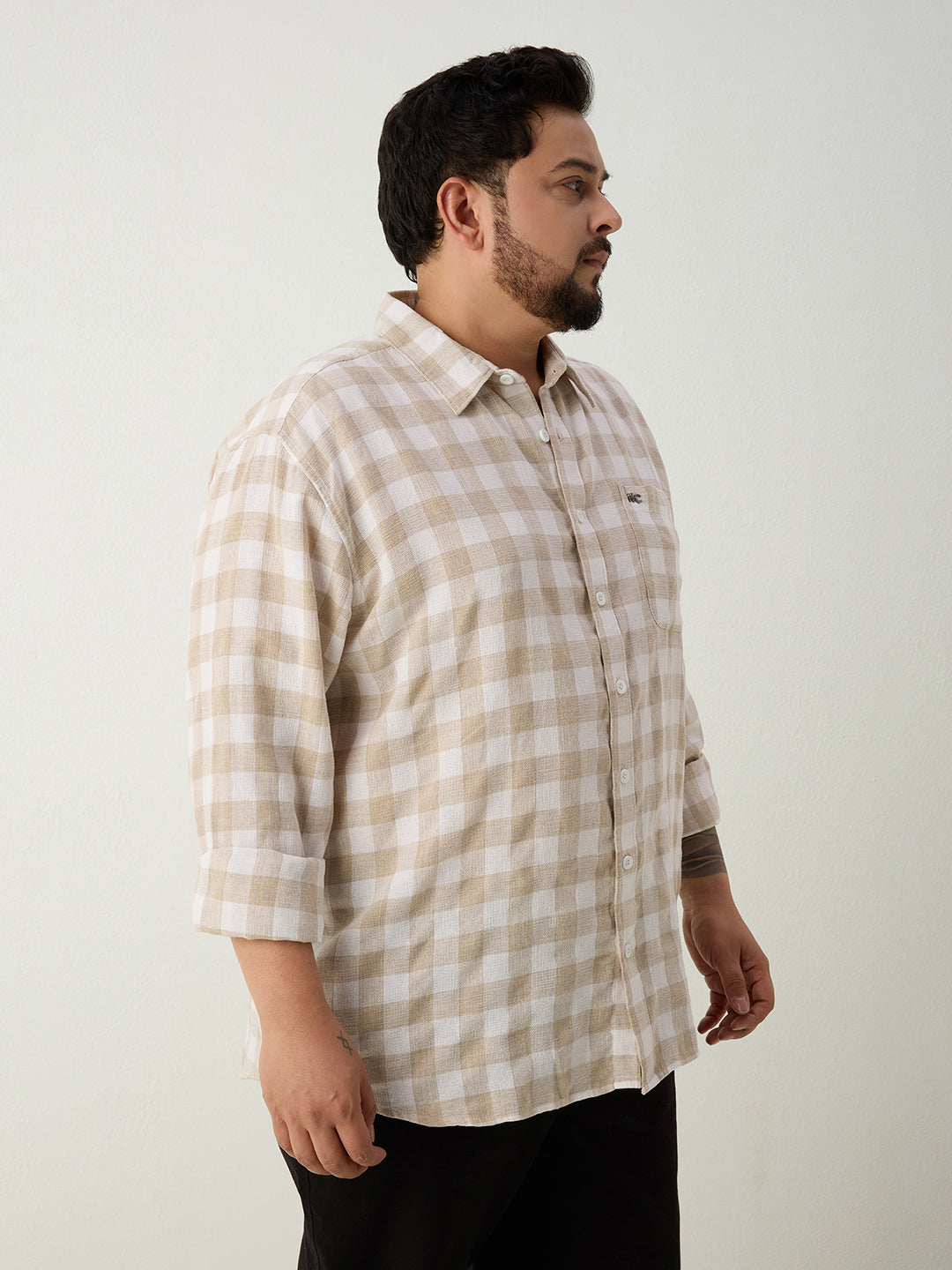 Plus Size Cotton Check 1 Pocket Regular Fit Smart Casual Shirt - Olive