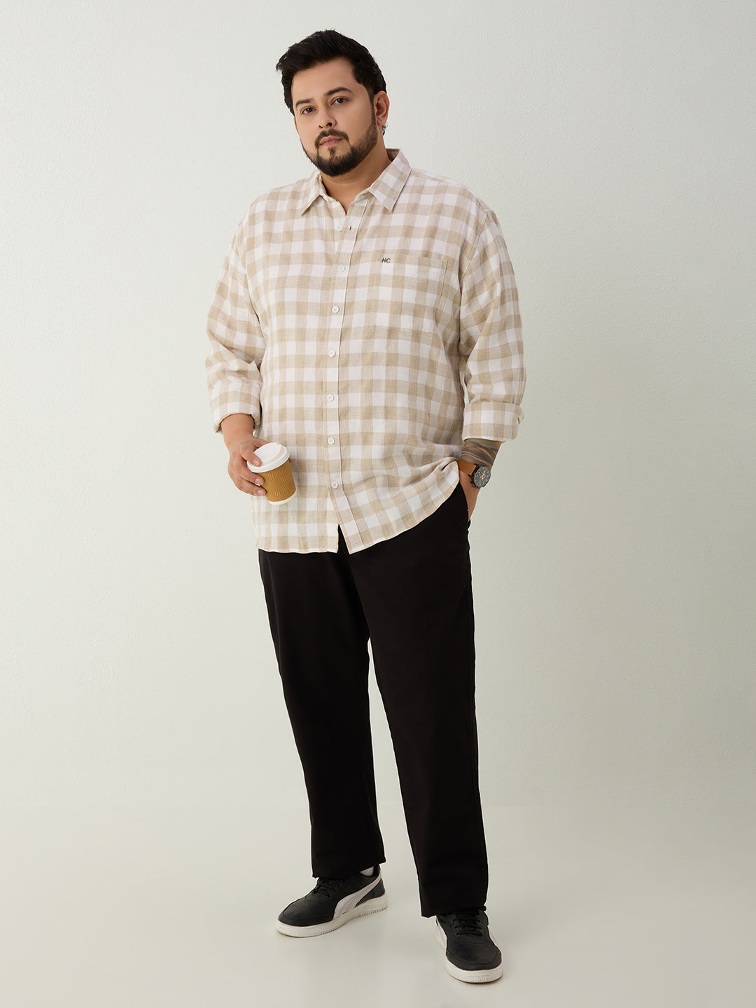 Plus Size Cotton Check 1 Pocket Regular Fit Smart Casual Shirt - Olive