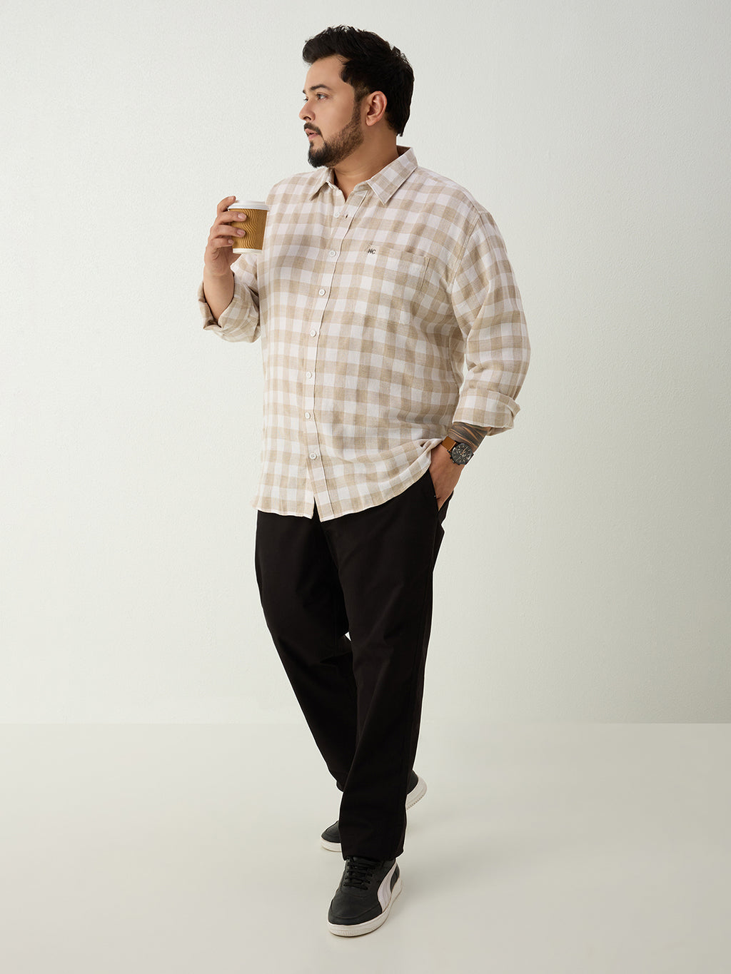 Plus Size Cotton Check 1 Pocket Regular Fit Smart Casual Shirt - Olive