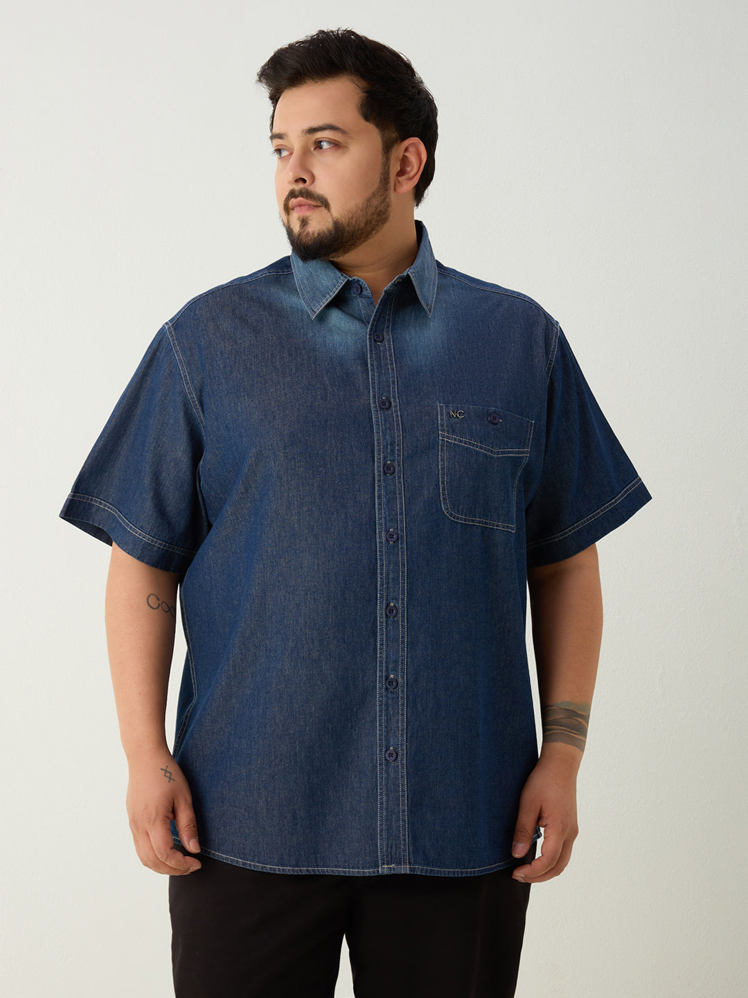Plus Size Denim Regular Fit Smart Casual Shirt - Dark Blue
