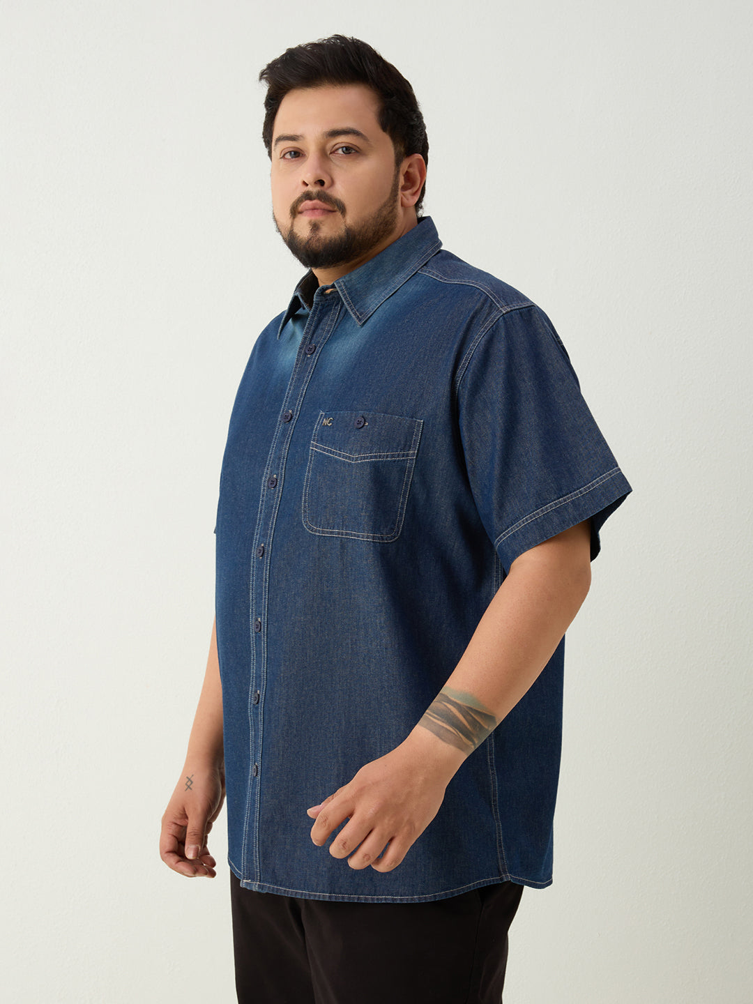 Plus Size Denim Regular Fit Smart Casual Shirt - Dark Blue
