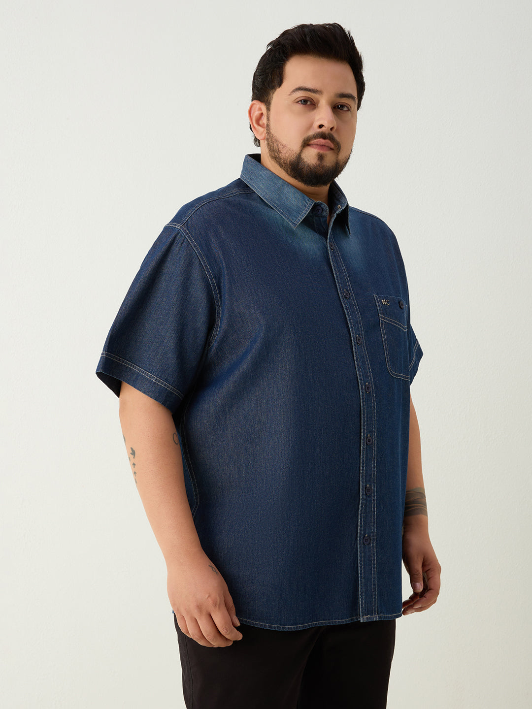 Plus Size Denim Regular Fit Smart Casual Shirt - Dark Blue