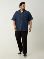 Plus Size Denim Regular Fit Smart Casual Shirt - Dark Blue