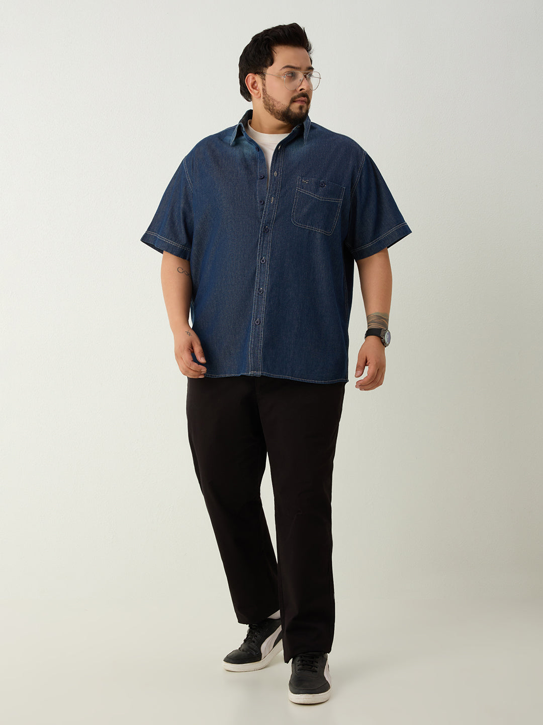 Plus Size Denim Regular Fit Smart Casual Shirt - Dark Blue