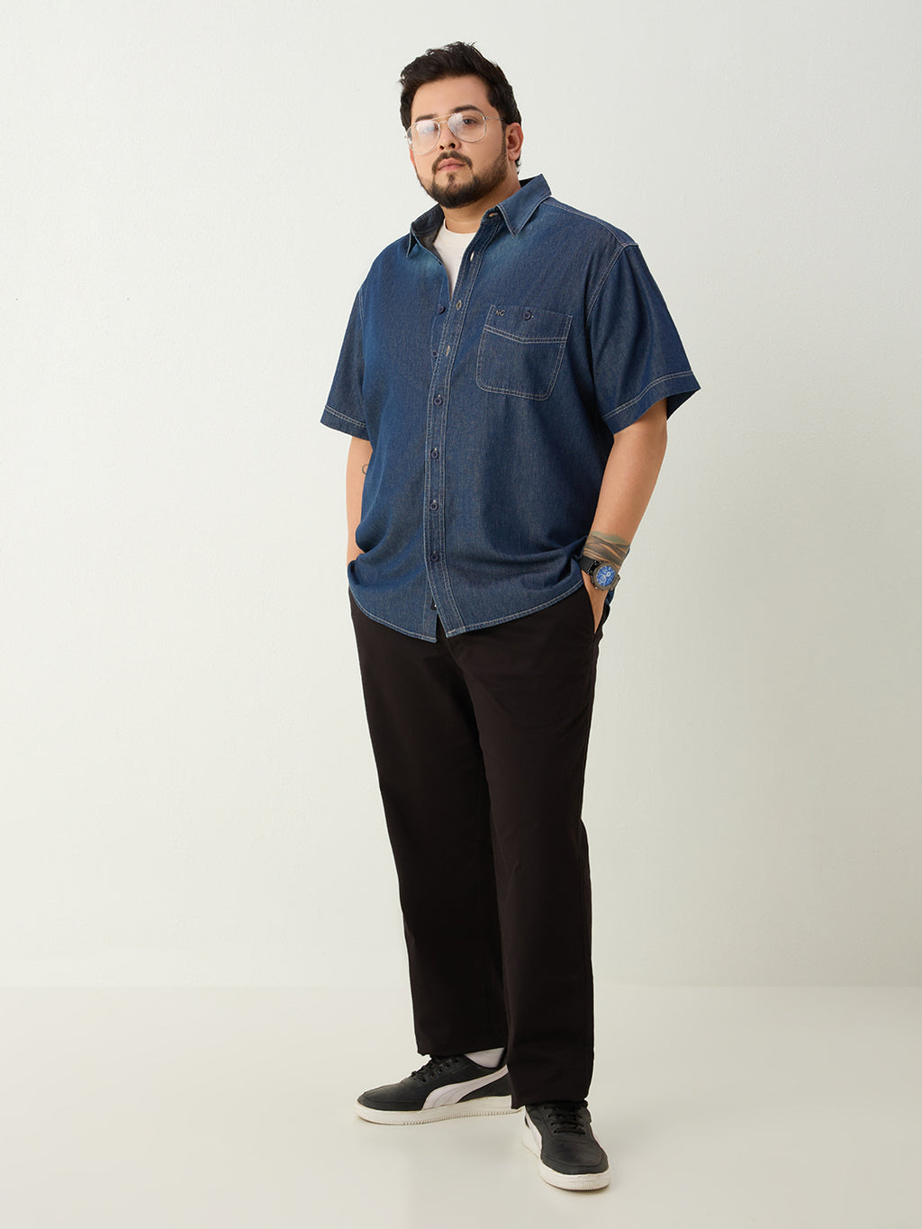 Plus Size Denim Regular Fit Smart Casual Shirt - Dark Blue