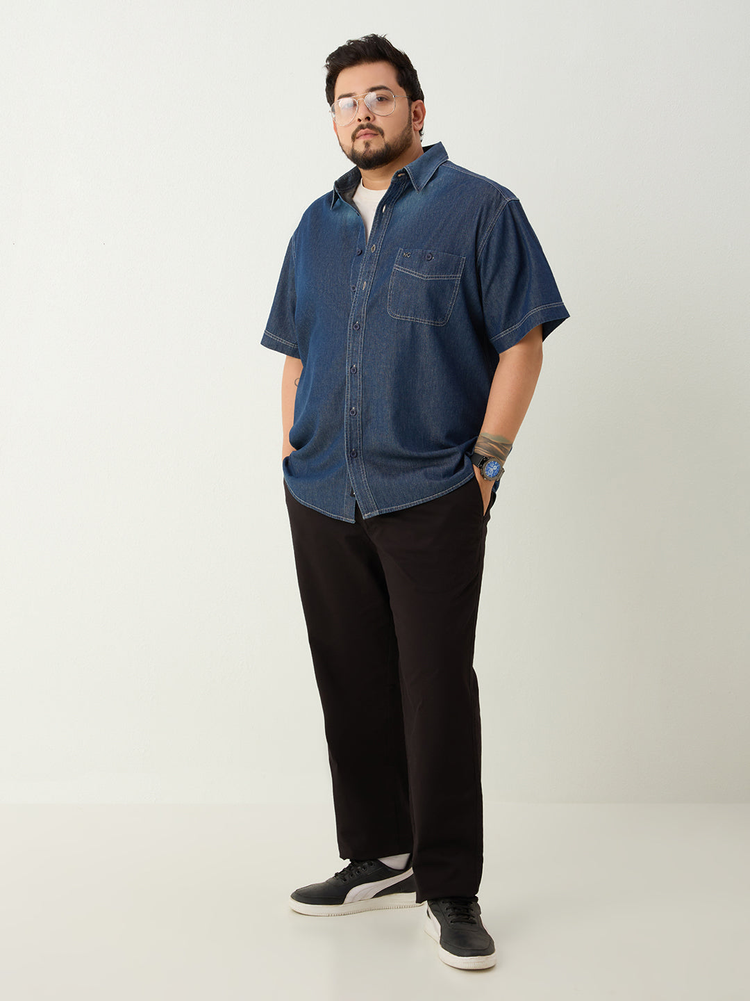 Plus Size Denim Regular Fit Smart Casual Shirt - Dark Blue