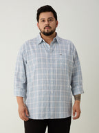 Plus Size Cotton Check 1 Pocket Regular Fit Smart Casual Shirt - Sky