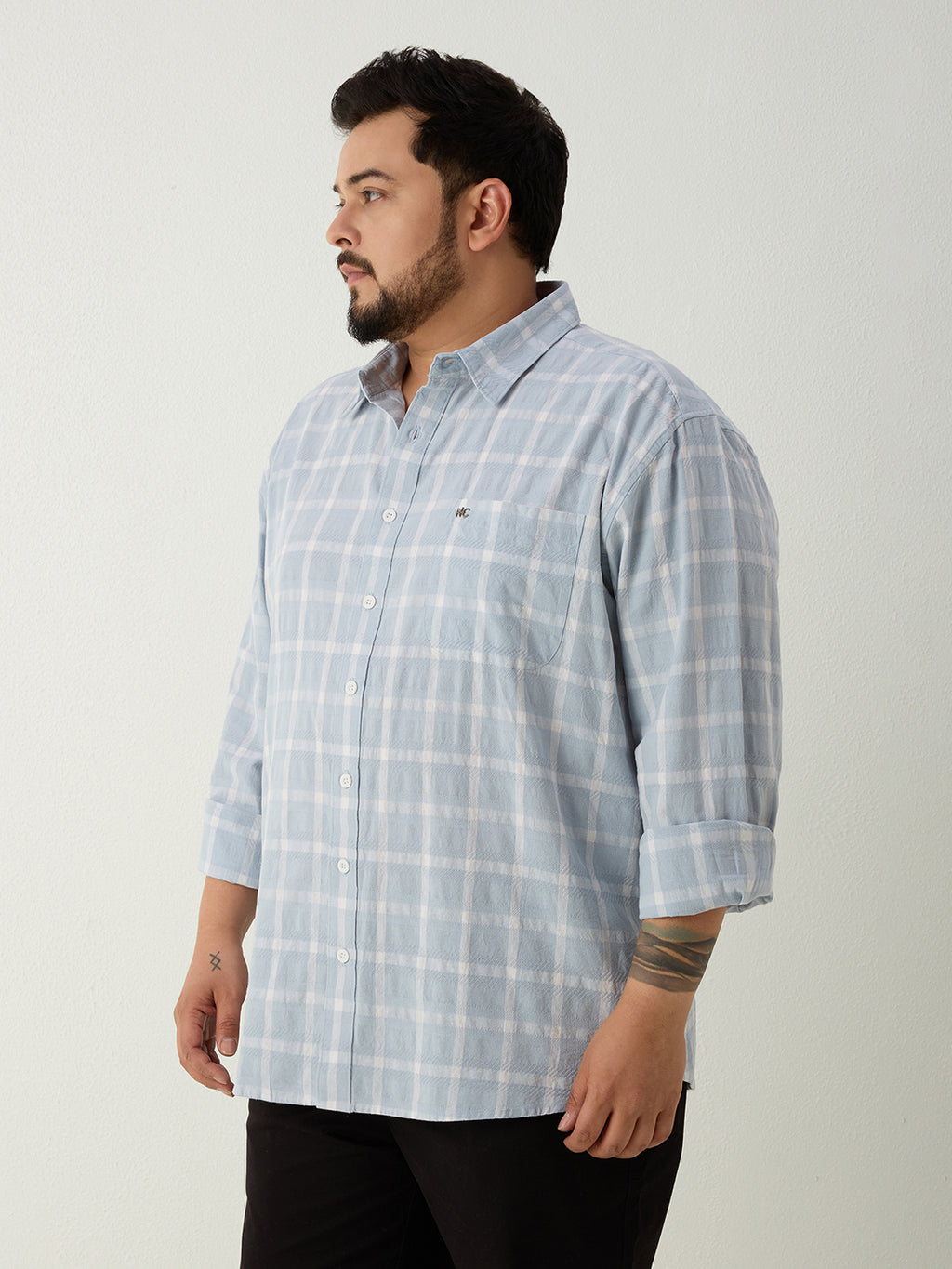 Plus Size Cotton Check 1 Pocket Regular Fit Smart Casual Shirt - Sky