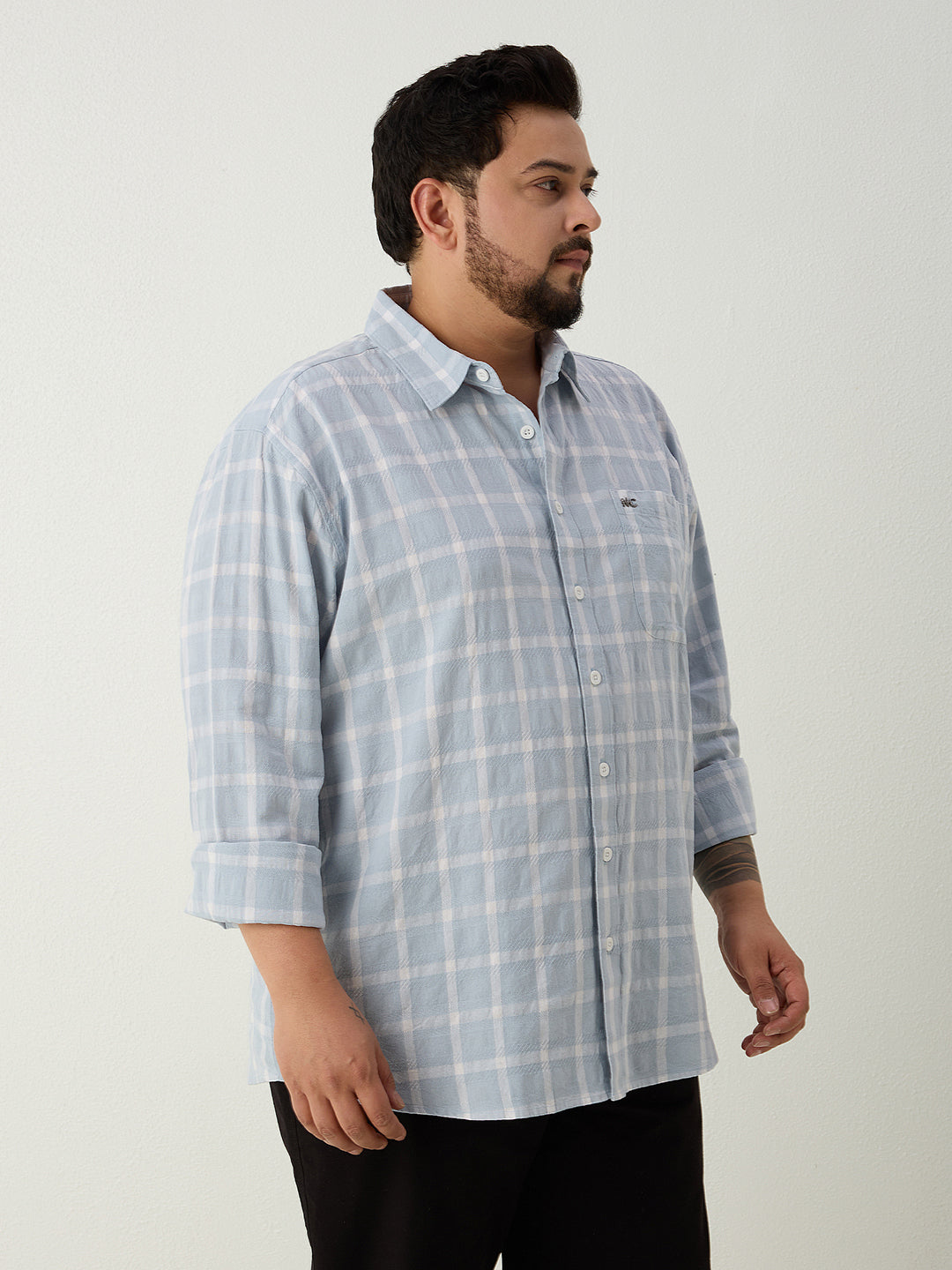 Plus Size Cotton Check 1 Pocket Regular Fit Smart Casual Shirt - Sky
