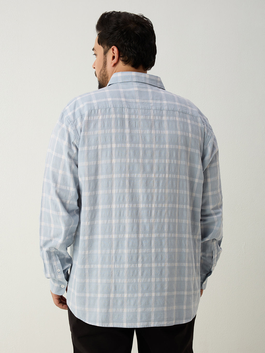 Plus Size Cotton Check 1 Pocket Regular Fit Smart Casual Shirt - Sky