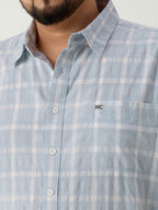 Plus Size Cotton Check 1 Pocket Regular Fit Smart Casual Shirt - Sky
