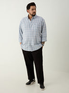Plus Size Cotton Check 1 Pocket Regular Fit Smart Casual Shirt - Sky