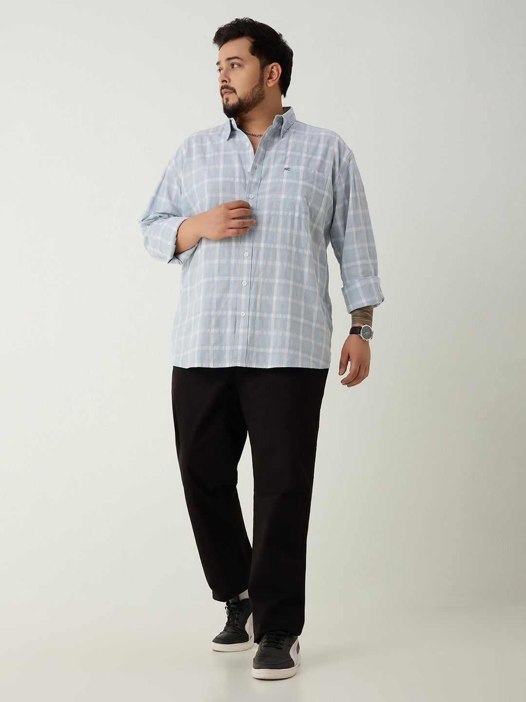 Plus Size Cotton Check 1 Pocket Regular Fit Smart Casual Shirt - Sky