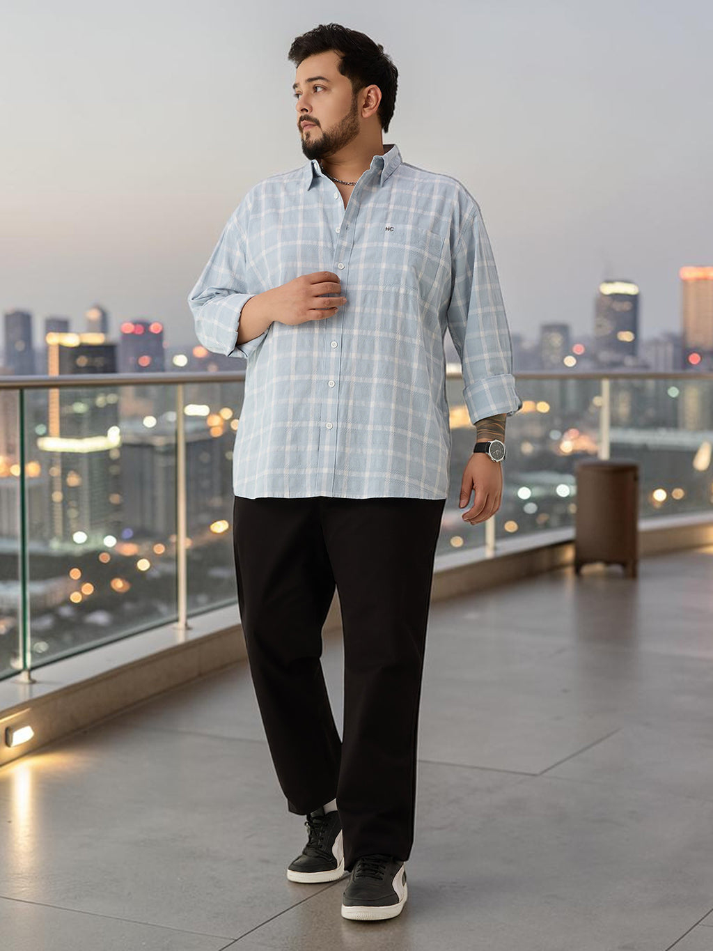 Plus Size Cotton Check 1 Pocket Regular Fit Smart Casual Shirt - Sky
