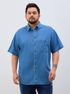 Plus Size Denim Regular Fit Smart Casual Shirt - Blue