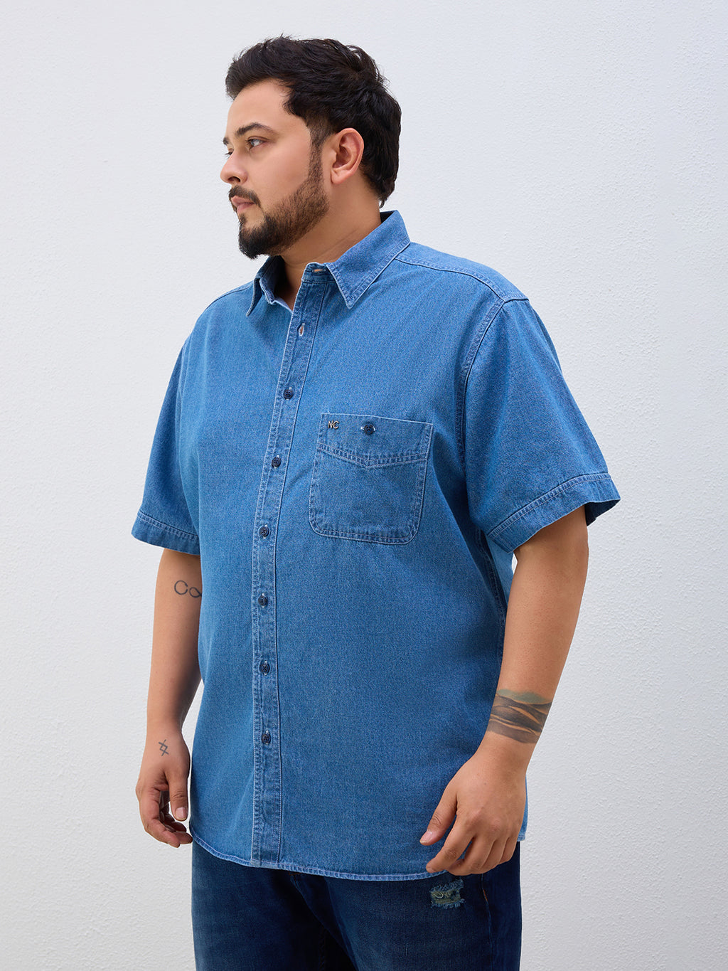 Plus Size Denim Regular Fit Smart Casual Shirt - Blue