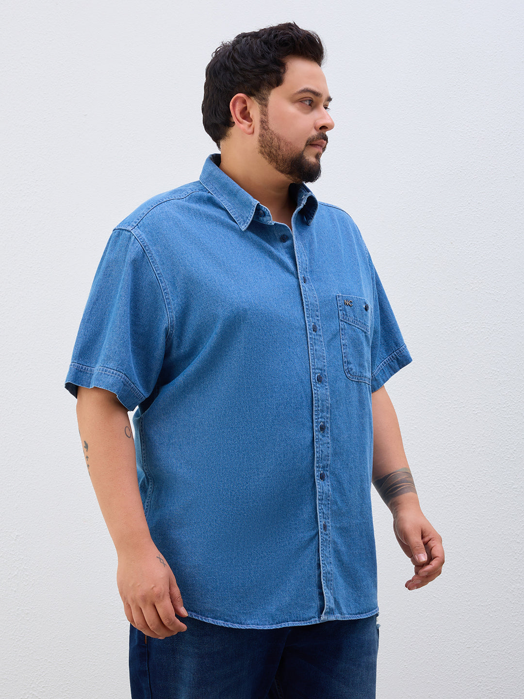 Plus Size Denim Regular Fit Smart Casual Shirt - Blue