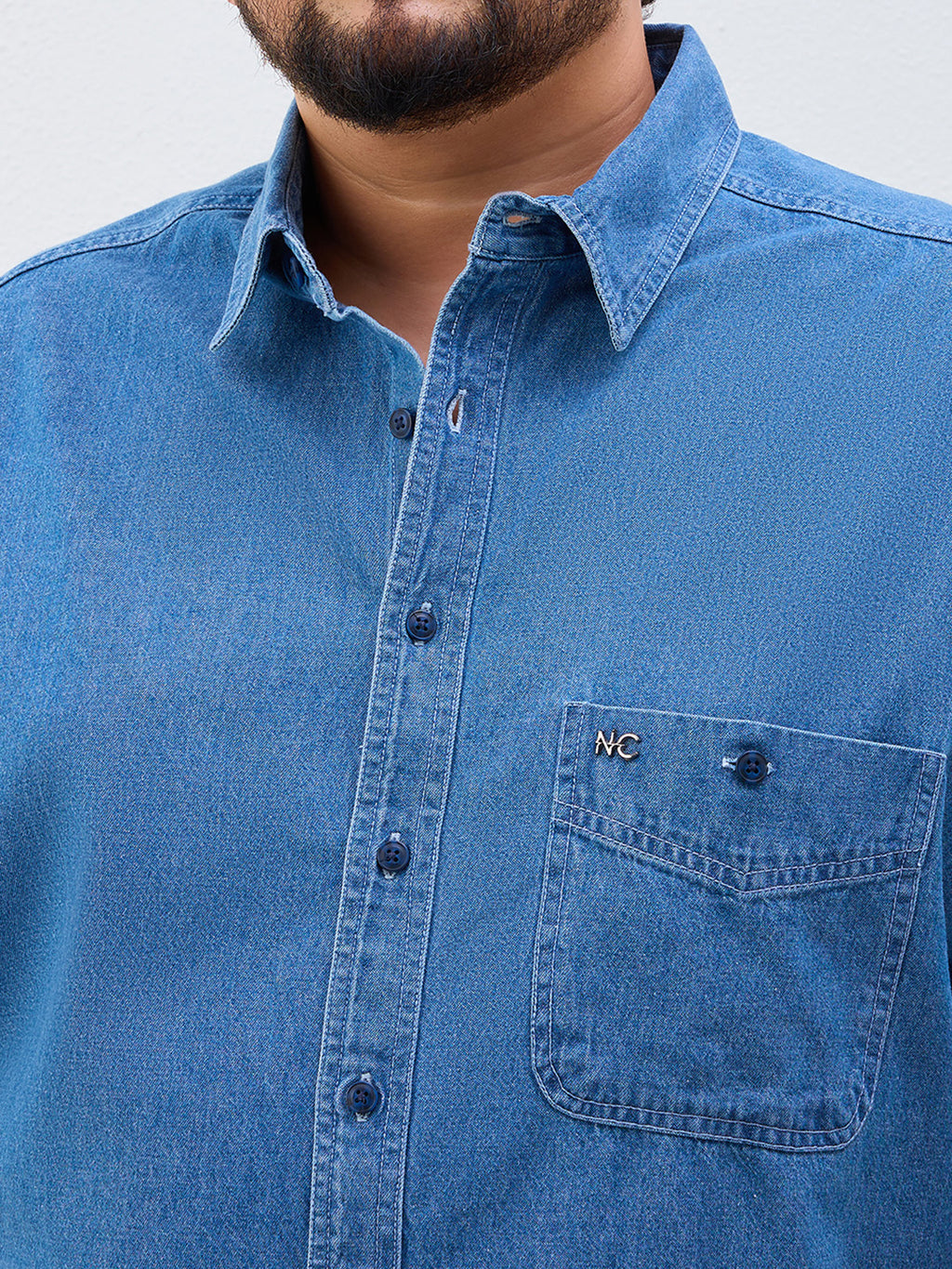 Plus Size Denim Regular Fit Smart Casual Shirt - Blue