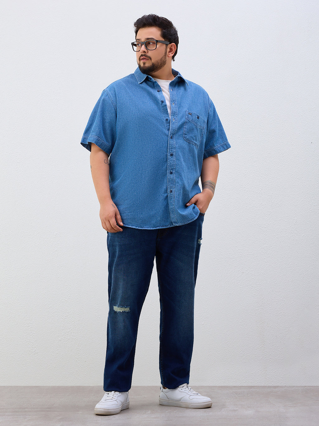 Plus Size Denim Regular Fit Smart Casual Shirt - Blue