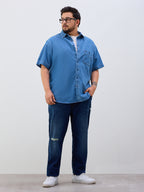 Plus Size Denim Regular Fit Smart Casual Shirt - Blue