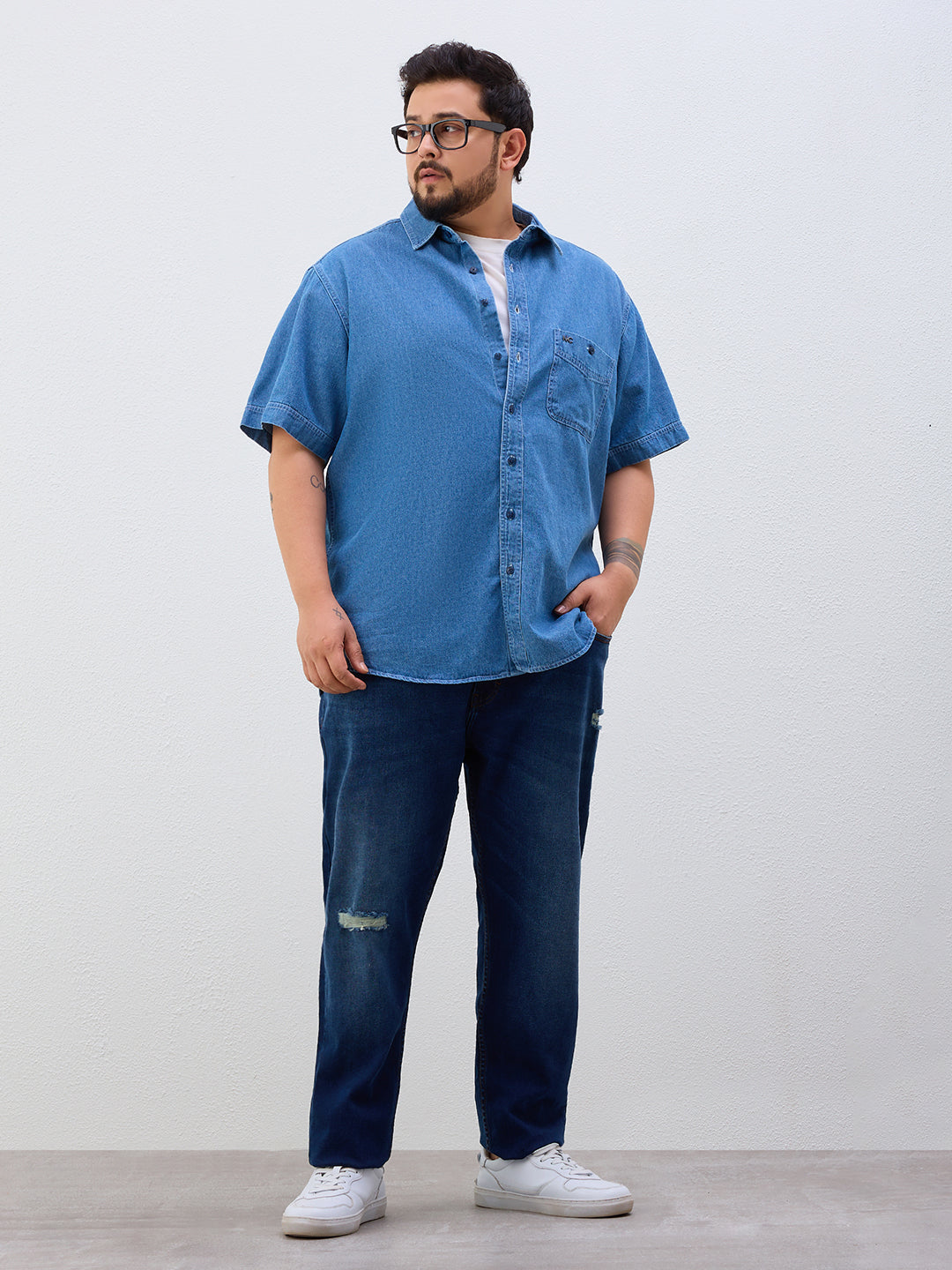 Plus Size Denim Regular Fit Smart Casual Shirt - Blue