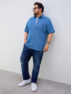 Plus Size Denim Regular Fit Smart Casual Shirt - Blue