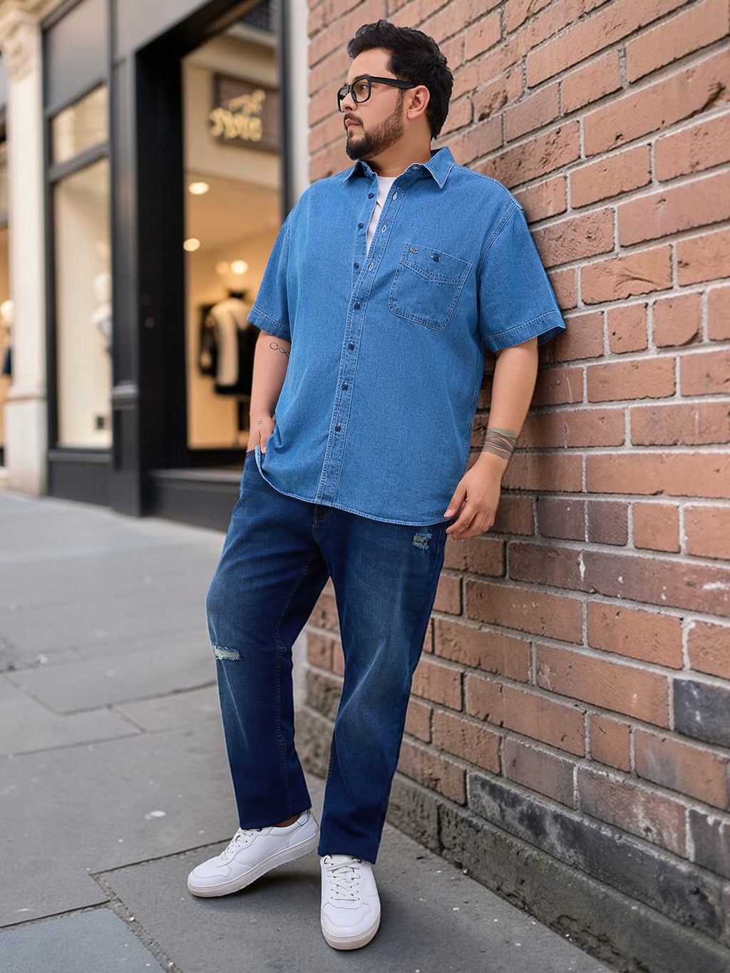 Plus Size Denim Regular Fit Smart Casual Shirt - Blue