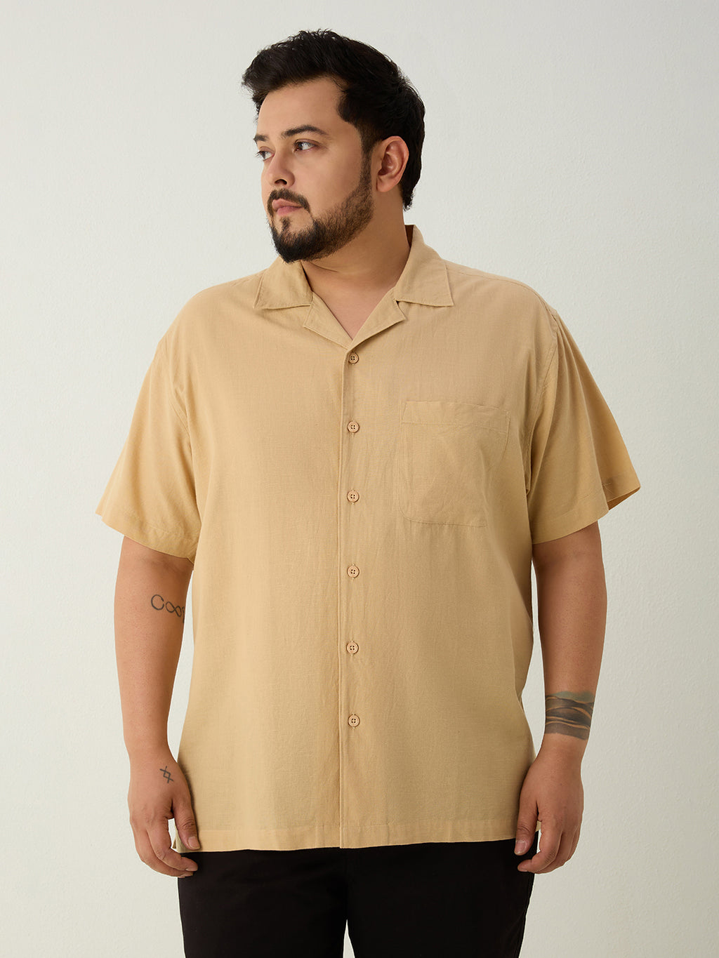 Plus Size Cotton Linen Regular Fit Smart Casual Shirt - Golden