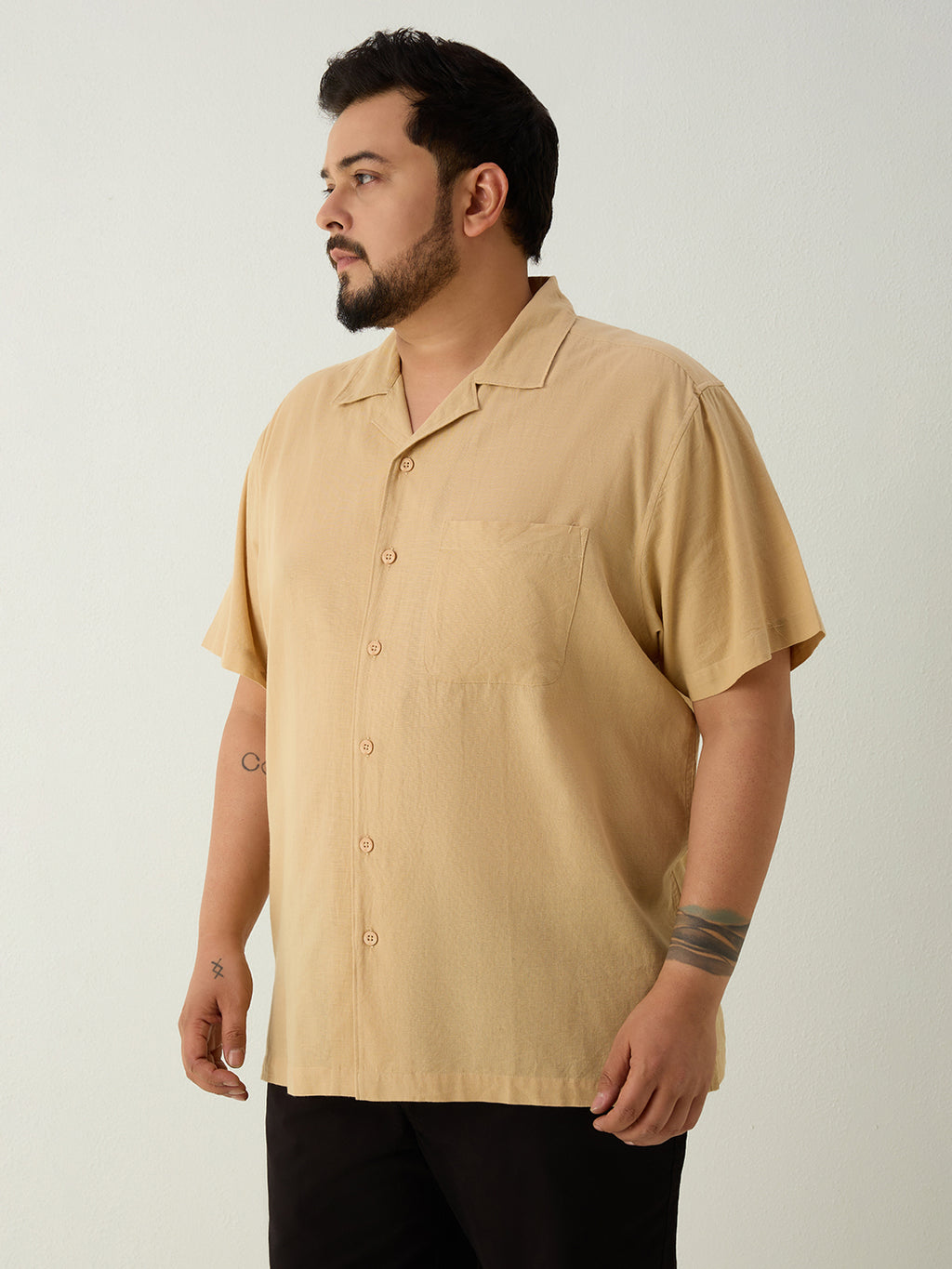 Plus Size Cotton Linen Regular Fit Smart Casual Shirt - Golden