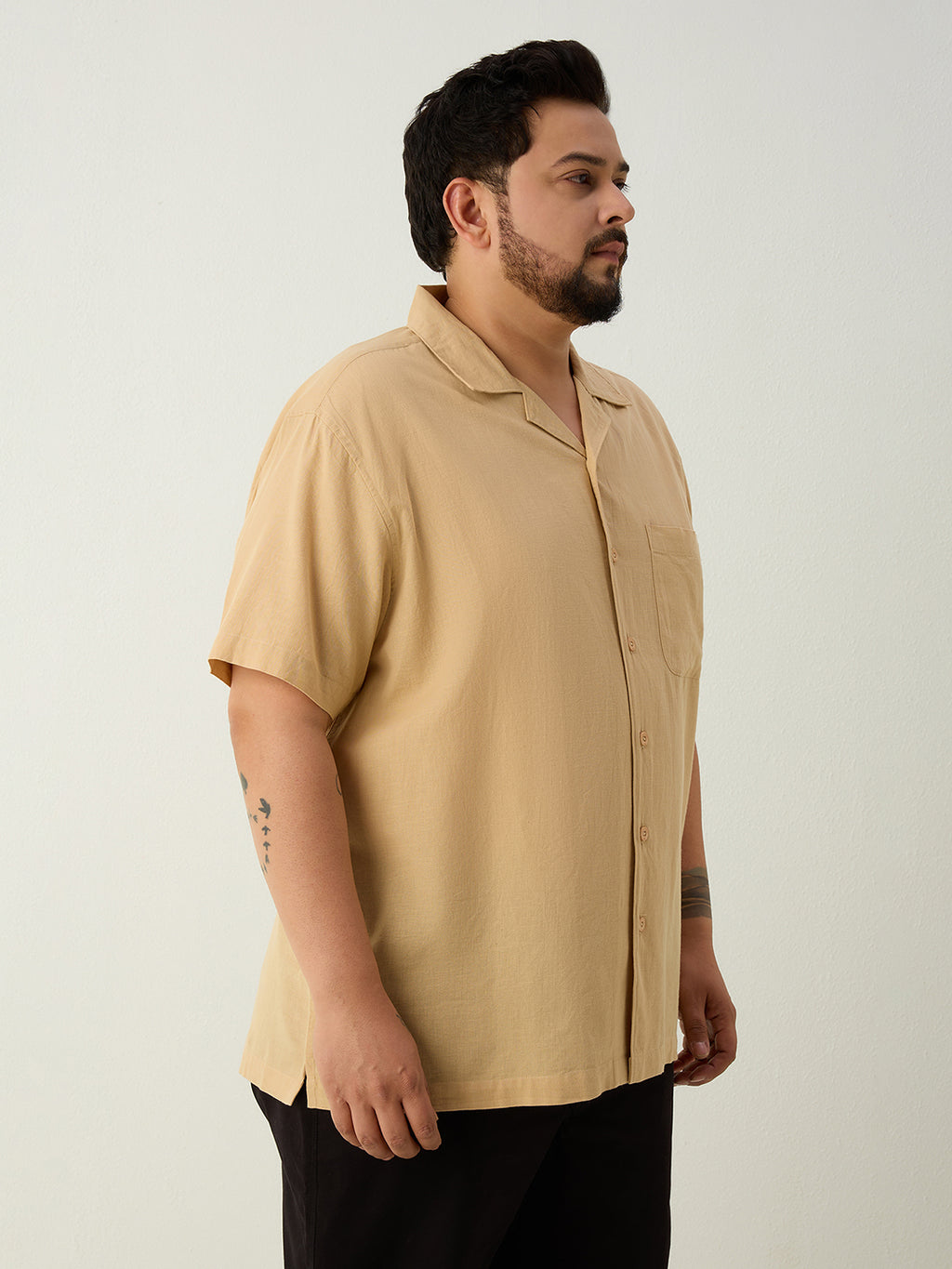 Plus Size Cotton Linen Regular Fit Smart Casual Shirt - Golden