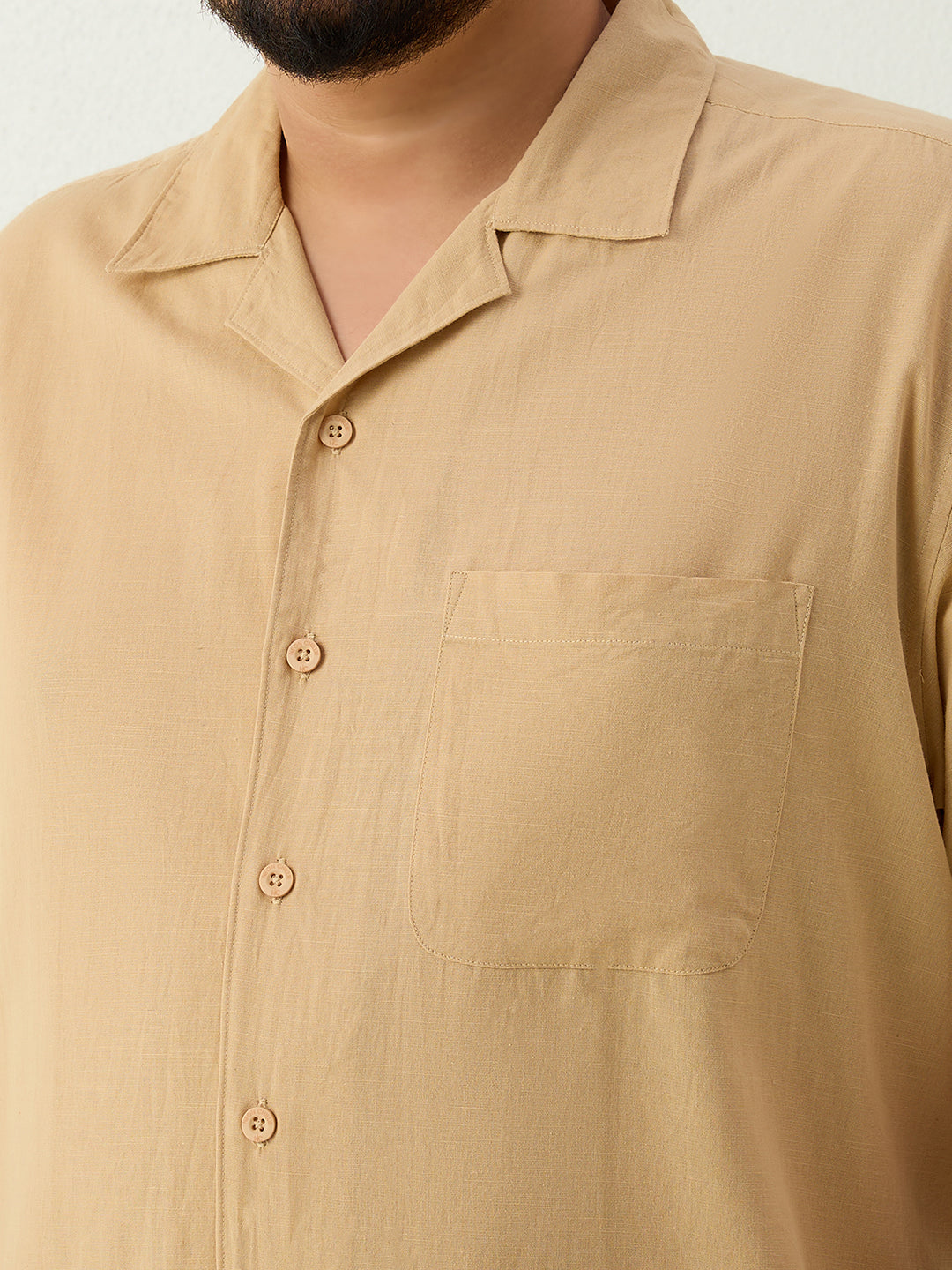 Plus Size Cotton Linen Regular Fit Smart Casual Shirt - Golden