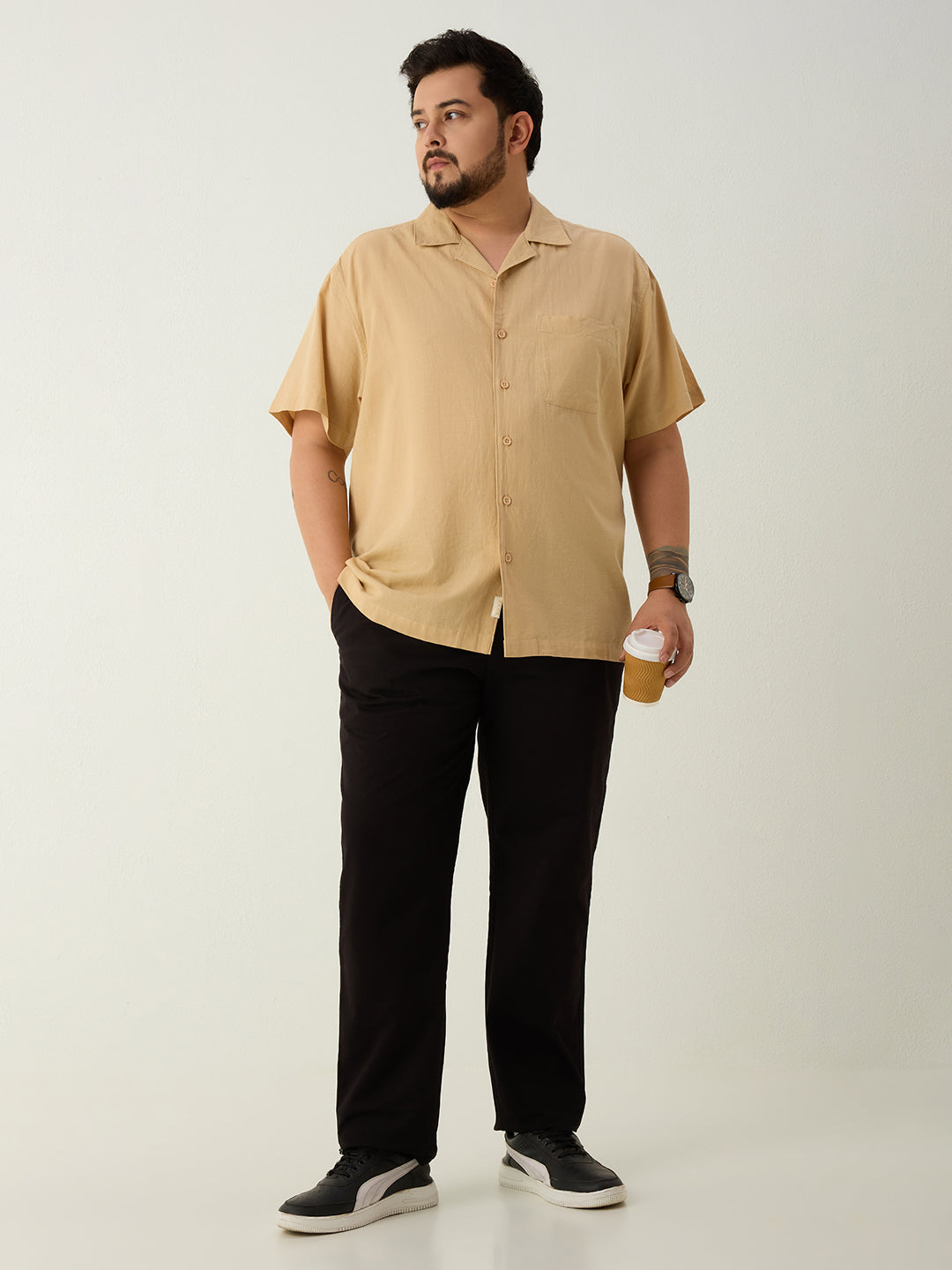 Plus Size Cotton Linen Regular Fit Smart Casual Shirt - Golden