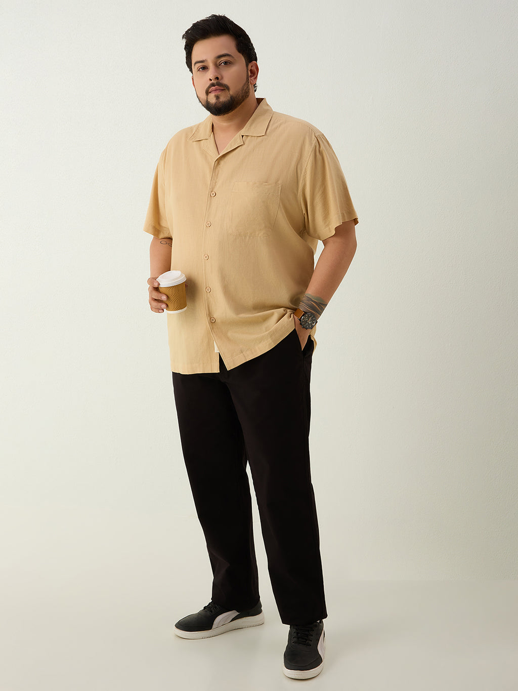 Plus Size Cotton Linen Regular Fit Smart Casual Shirt - Golden