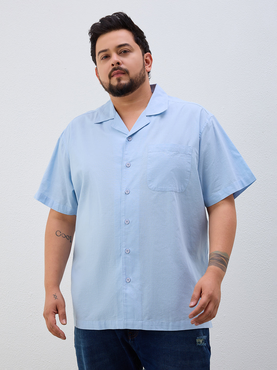 Plus Size Cotton Linen Regular Fit Smart Casual Shirt - Sky Blue