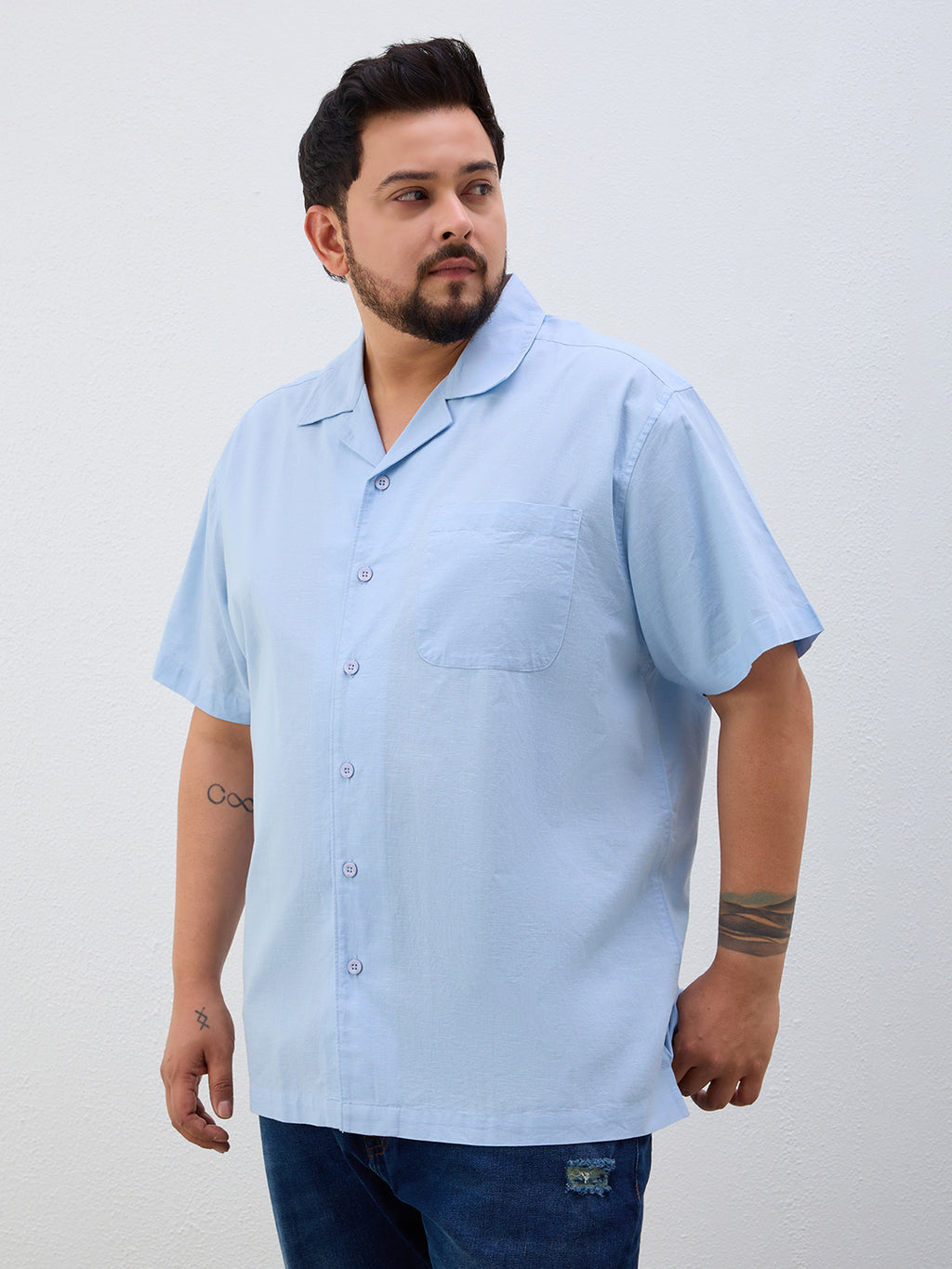 Plus Size Cotton Linen Regular Fit Smart Casual Shirt - Sky Blue