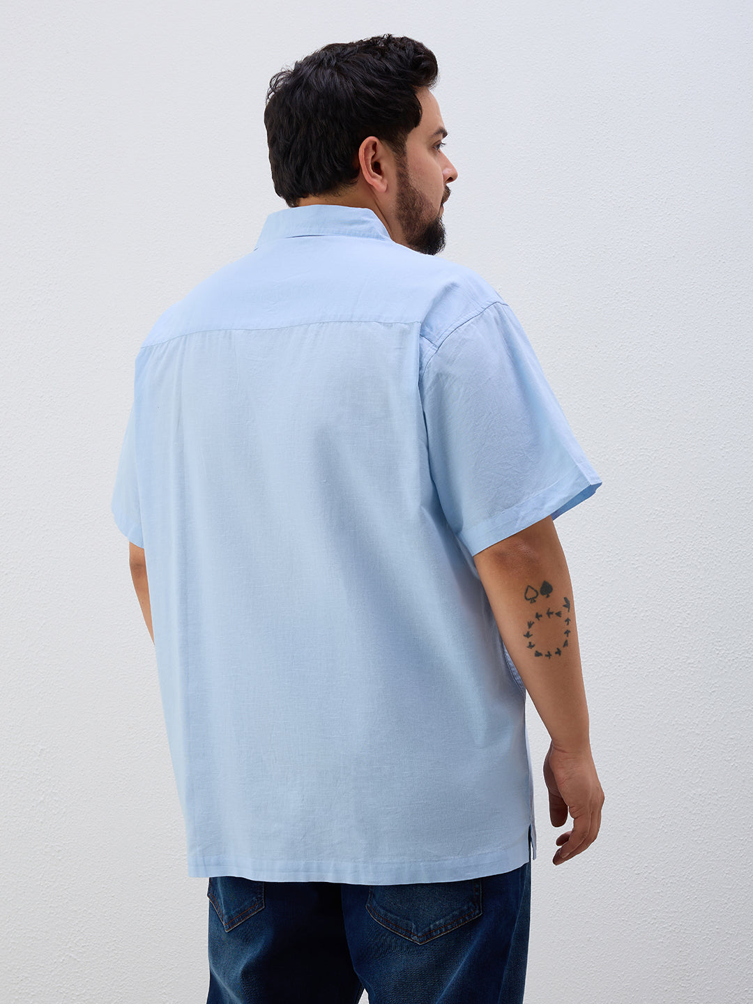 Plus Size Cotton Linen Regular Fit Smart Casual Shirt - Sky Blue